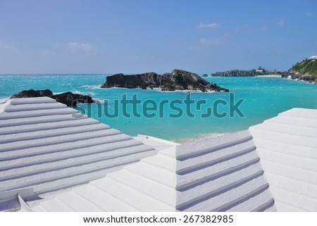 SOUTHAMPTON, BERMUDA -14 FEBRUARY 2015- Editorial: Made of white washed limestone slate, all roofs in Bermuda collect rainwater that flows through gutters to basement storage tanks.