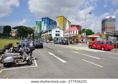 SINGAPORE -17 APRIL 2015- Built in 1977 by the Singapore Housing and Development Board, the Rochor Centre is a series of colorful buildings along the Rochor canal. It will be demolished in 2015.