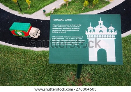 JOHOR, MALAYSIA -3 AUGUST 2014- Scenes from Patuxai in Vientiane, Laos, built out of Lego bricks at the Miniland attraction in Legoland Malaysia, opened in 2012.