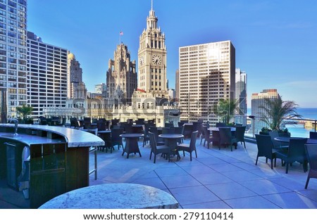 CHICAGO, IL -14 MAY 2015- The Michelin star modern fine dining restaurant Sixteen, located in the Trump Hotel, overlooks Michigan Avenue, including the Chicago Tribune and Wrigley buildings.