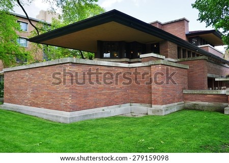 CHICAGO, IL -14 May 2015- Built in 1910, the Frederick C. Robie House, designed by American architect Frank Lloyd Wright, is located on the campus of the University of Chicago.