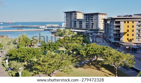DARWIN, AUSTRALIA -9 AUGUST 2014- The Darwin waterfront is a popular place for restaurants, shops, water sports, and cruise ships in the capital city of the Northern Territory of Australia.