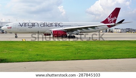 CHICAGO, IL -16 MAY 2015- An Airbus A 330-300 plane from Virgin Atlantic (VS) gets ready for take-off at Chicago OHare International Airport (ORD).