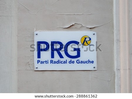 PARIS, FRANCE -31 DECEMBER 2014- Sign outside the Paris headquarters of the Parti Radical de Gauche (PRG), a social liberal party of the left in France.