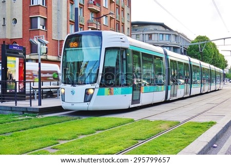 PARIS, FRANCE --15 JUNE 2015-- The tramway line T3 opened in Paris in December 2006. Managed by the RATP, it follows the Boulevards des Marechaux, encircling Paris.