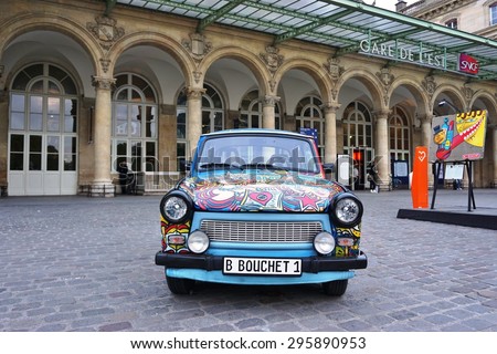 PARIS, FRANCE -20 JUNE 2015- Art Liberte du Mur de Berlin au Street Art exhibits street art and painted Trabant cars around the Gare de Est railway station in the 10th arrondissement of Paris.