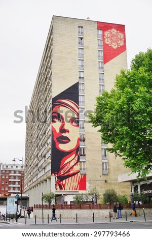 PARIS, FRANCE -18 JUNE 2015- Giant painted mural by street artist Shepard Fairey (creator of the Obama HOPE poster)  in the 13th arrondissement of the French capital.