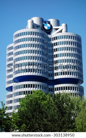 MUNICH, GERMANY -5 JUNE 2015- Opened in 1973, the BMW four cylinder tower (BMW Hochhaus Vierzylinder) is the world headquarters of German auto maker BMW.