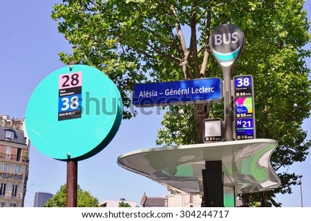PARIS, FRANCE -15 JUNE 2015- RATP bus stop for Alesia General Leclerc in the French capital.