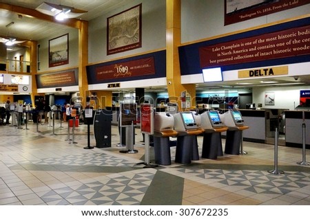 BURLINGTON, VT -15 AUGUST 2015- The terminal at the Burlington International Airport (BTV) in Burlington, Vermont, which receives jets from airlines such as United and Porter.