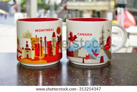 MONTREAL, CANADA -16 AUGUST 2015- Starbucks City Mugs from the You Are Here Collection are collectible souvenir coffee mugs available in Starbucks stores throughout the world.