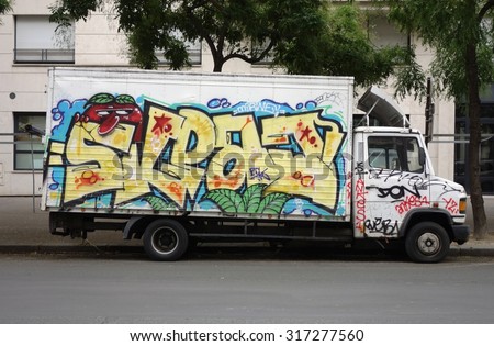 PARIS, FRANCE -16 AUGUST 2015- Paris has become one of the European capitals for graffiti street art. Many delivery trucks and vans are spray painted with colorful graffiti tags.