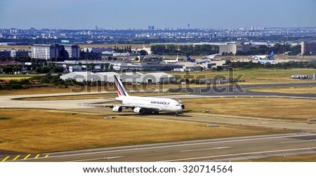 ROISSY, FRANCE -10 AUGUST 2015- An Airbus A380 double-decker airplane from Air France (AF) gets ready for take-off at the Roissy Charles de Gaulle International Airport (CDG) near Paris, France.