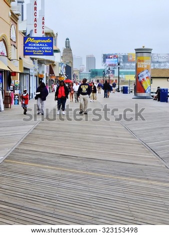 ATLANTIC CITY, NJ -11 JUNE 2014- Atlantic City, a resort town along the Atlantic Ocean in New Jersey on the Eastern seaboard of the United States, is famous for its wooden boardwalk.