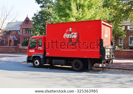PRINCETON, NJ -8 OCTOBER 2015- A red Coca Cola delivery truck is parked in a New Jersey street.