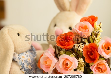 Artificial Flowers rose with rabbit dolls, Love concept