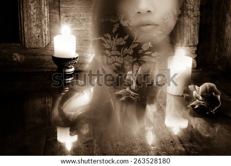 Double exposure woman with still life  candle light spa , filter effects sepia tone