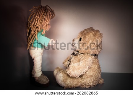 Girl doll and teddy bear still life art photography,love concept