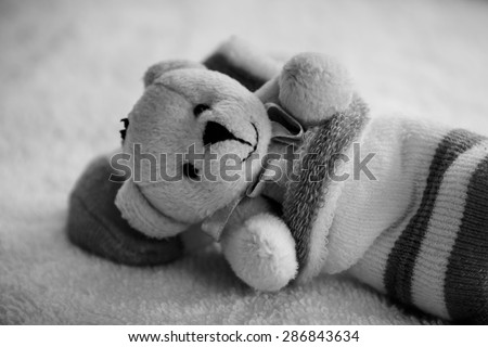 Teddy bear in sock on towel,happy  concept black and white