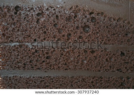 Close up layer of dark chocolate cake use as texture or background.