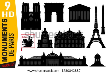 Plank of pictograms representing the main monuments of Paris in the form of detailed silhouette. With the Arc de Triomphe, the opera or the Invalides.