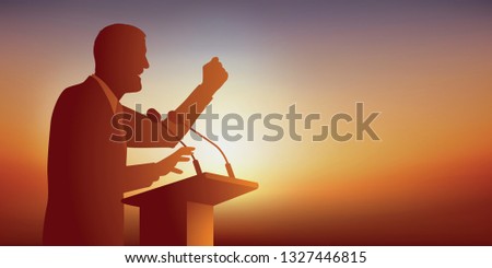 Concept of the conference, with a politician behind a desk, who positions himself as a leader by delivering a speech at an election campaign rally.