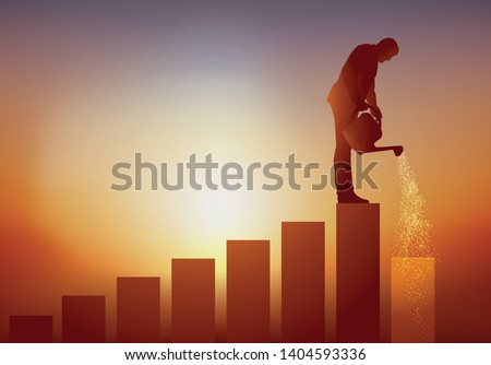 Concept of career development and progress on the social ladder with a man who climbs little by little, a staircase by watering the next step to enable him to reach the leading position. Stock foto © 