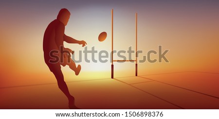 Concept of rugby match with a player who turns a test, striking the ball to send it between the posts.