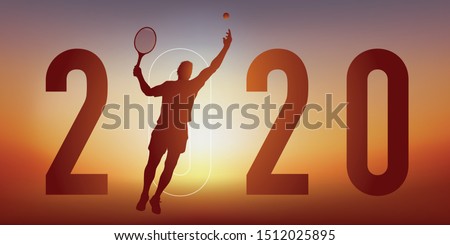 2020 sports-themed greeting card with a tennis player hitting the ball with his racket for a winning point.