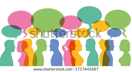 Concept de la communication et de l’information avec des hommes et des femmes qui discutent face à face avec des bulles de dialogue. Photo stock © 
