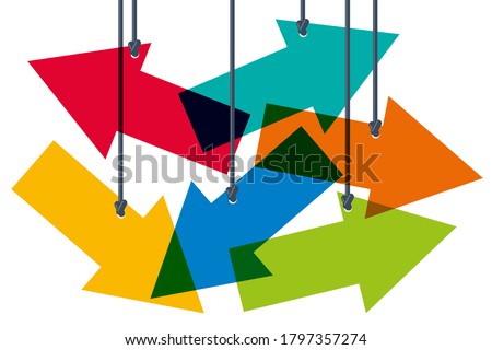 Concept of the difficulty of choosing between several directions, with colored arrows that symbolize the different possible orientations. Stockfoto © 