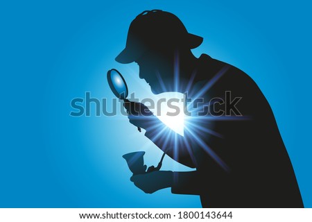 Silhouette of the character of Sherlock Holmes, the detective looking for clues with his famous magnifying glass and his pipe.