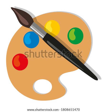 Pictogram showing a painter’s palette on a white background, with a brush and the four primary colors.