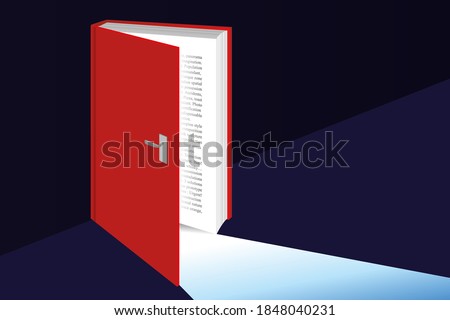 Concept of knowledge with a book that opens as an open door to knowledge symbolized by light.