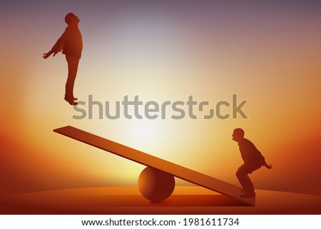 Concept of leadership and rise in the corporate hierarchy, with a man propelled into the air using a springboard.