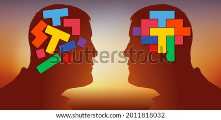 Concept of the contrast of a creative mind and Cartesian reasoning, with two men facing each other, opposing two different brains.