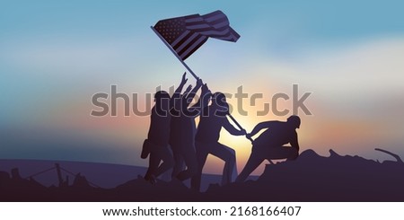 Concept of a historic victory in World War II, with soldiers raising the American flag atop the island of Iwo Jima.
