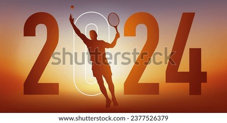 Tennis themed sport concept for a 2024 greeting card, showing a tennis player doing a serve.