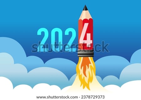 Illustration of a pencil-shaped rocket taking off symbolizing the energy of a young company wanting to succeed and achieve its goals for the year 2024.