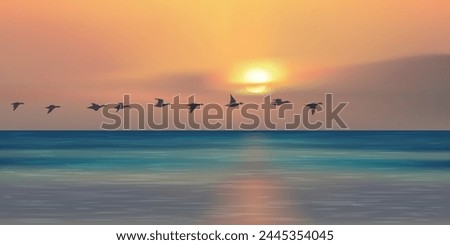 Panoramic landscape at setting sun, showing a flight of migratory birds over the ocean.