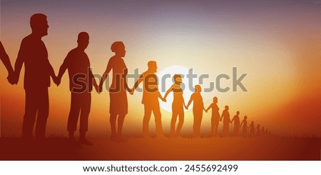 Concept of the human chain and solidarity with a group of aligned people who join hands to show that unity is strength.