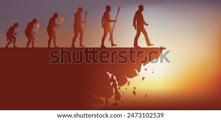 Concept of the end of the world with the symbol of the evolution of the man of Darwin which leads to the destruction of the planet and the disappearance of the human species.