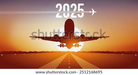 2025 airline greeting card, showing a plane taking off from an airport runway, in front of a sunset.