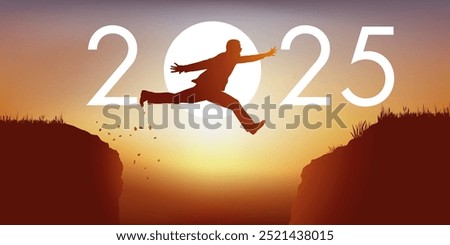 A man jumps over a chasm between two cliffs in front of a zenith sun and symbolize the transition to the new year 2025