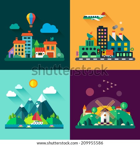 Color vector flat icon set and illustrations urban and village landscapes: nature, mountains, lake, boating, vacation, sun, trees, house, mills, field, city, factory, pollution, cars, skyscrapers
