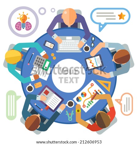 Business meeting. Vector flat illustration round tables and discussion: team, partners, employees, idea, plans, diagrams, drawings, calculator, laptop, tablet, coffee, office, business day, money
