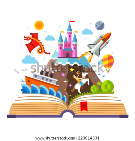 Imagination concept – open book with rocket, castle, boat, dragon, cowboy, air balloon . vector flat illustration