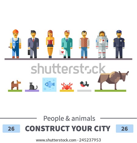 People characters of different professions, men and women, and different animals. Set of elements for construction of urban and village landscapes. Vector flat illustration