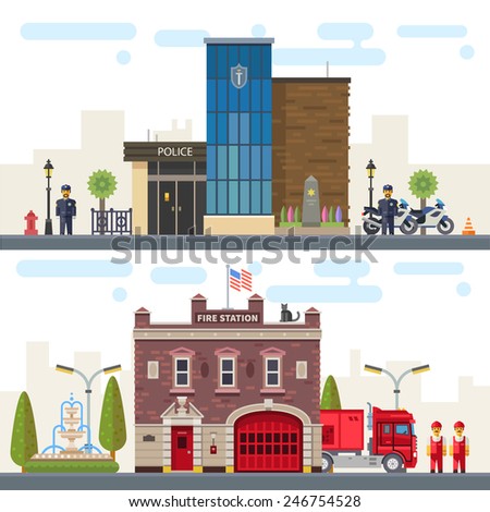 Landscape with buildings police and fire station. Protection of life, health and property of people. Vector flat illustration