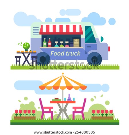 Food delivery. Picnic. Mobile cafe in nature. Truck with food. Outdoor recreation. Vector flat illustration